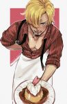  1boy absurdres alternate_costume apron arm_behind_back bara black_necktie blonde_hair blush brown_eyes cigarette collarbone facial_hair food hair_over_one_eye highres holding holding_plate incoming_food leaning_forward looking_at_viewer male_focus necktie one_piece partially_unbuttoned pectoral_cleavage pectorals plate pudding red_background red_shirt sanji_(one_piece) shirt short_hair smile striped striped_shirt twitter_username undone_necktie vamos_mk waist_apron white_apron 