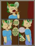  3:4 absurd_res anthro canid canine clothed clothing comic digital_drawing_(artwork) digital_media_(artwork) eeveelution english_text flamberry_(artist) fur generation_1_pokemon generation_4_pokemon hi_res leaf leaf_tail leafeon lyennan_venizee_flare_(flamberry) male mammal nintendo one_eye_closed open_mouth pokemon pokemon_(species) simple_background smile smiling_at_each_other solo tail teeth text tongue yawn 