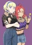  2girls alternate_costume arm_around_neck belt belt_buckle black_belt black_shirt blonde_hair blue_eyes blue_hairband buckle candy colored_inner_hair commentary constance_von_nuvelle crop_top fire_emblem fire_emblem:_three_houses food grey_pants grey_shorts hair_between_eyes hairband hapi_(fire_emblem) highres holding holding_candy holding_food holding_lollipop lollipop long_hair midriff multicolored_hair multiple_girls navel pants purple_background purple_hair red_eyes red_hair sawarame shirt short_shorts short_sleeves shorts simple_background standing stomach two-tone_hair 