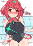  1girl artist_name blush border breasts closed_mouth commentary copyright_name covered_navel covered_nipples english_commentary highleg highleg_swimsuit huge_breasts inverted_nipples looking_at_viewer medium_hair nose_blush one-piece_swimsuit outside_border pongldr pool poolside pyra_(pro_swimmer)_(xenoblade) pyra_(xenoblade) red_eyes red_hair smile solo swimsuit tiara white_border wide_hips xenoblade_chronicles_(series) xenoblade_chronicles_2 
