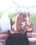  1boy 1girl 2023 absurdres animal_ear_fluff animal_ears artist_name blue_hair blue_tail blunt_bangs blush breast_rest breasts breasts_on_table casual closed_mouth commentary dated day fox_ears fox_girl fox_tail hands_up heart heart_hands heart_hands_over_eye highres long_sleeves looking_at_another machikado_mazoku medium_breasts nervous_sweating outdoors parfait riko_(machikado_mazoku) shirosawa_(machikado_mazoku) shirt short_hair short_sleeves sitting smile solo_focus sweat table tail tail_raised yellow_eyes yellow_shirt yunoppi 