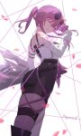  1girl absurdres artist_name collared_shirt eyewear_on_head gloves hair_between_eyes hapwind high-waist_shorts highres honkai:_star_rail honkai_(series) kafka_(honkai:_star_rail) long_sleeves looking_at_viewer one_eye_closed pantyhose purple_eyes purple_gloves purple_hair round_eyewear shirt shorts simple_background smile solo upper_body white_background white_shirt 