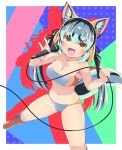  1girl animal_ears bare_shoulders drias extra_ears fox_ears fox_girl fox_tail grey_hair highres island_fox_(kemono_friends) kemono_friends kemono_friends_v_project long_hair looking_at_viewer microphone music open_mouth orange_hair ribbon simple_background singing solo strapless tail tube_top twintails virtual_youtuber yellow_eyes 