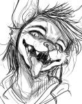  ambiguous_gender anthro black_hair canid canine doneru fangs greyscale hair looking_at_viewer mammal monochrome simple_background sketch sketchy smile solo teeth tongue tongue_out white_background 