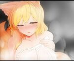 1girl ;o animal_ears blonde_hair blush commentary fox_ears fox_girl fox_tail letterboxed looking_at_viewer mizuga multiple_tails naked_towel one_eye_closed open_mouth short_hair solo sweat symbol-only_commentary tail touhou towel upper_body yakumo_ran yellow_eyes 