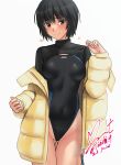 amagami artist_name ass_visible_through_thighs black_hair black_one-piece_swimsuit black_shrug blue_one-piece_swimsuit blush brown_eyes closed_mouth commentary competition_swimsuit cowboy_shot dated down_jacket groin heart highleg highleg_swimsuit jacket long_sleeves looking_at_viewer nanasaki_ai off_shoulder one-piece_swimsuit raised_eyebrows short_hair shrug_(clothing) signature simple_background smile standing swimsuit swimsuit_under_clothes turtleneck two-tone_swimsuit white_background yellow_jacket yoo_tenchi 