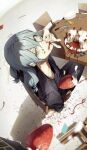  2boys absurdres air_(ai_r_) black_pants black_shirt blue_eyes cake chair eating floor food fork fruit getou_suguru grey_eyes grey_hair hair_between_eyes happy_birthday heterochromia highres indoors jujutsu_kaisen knife licking licking_finger long_hair looking_up mahito_(jujutsu_kaisen) male_focus multiple_boys on_chair open_mouth out_of_frame pants plate shadow shirt sitting solo_focus stitched_face stitched_neck stitches strawberry striped striped_shirt table 