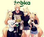  1boy 3girls animal_ears arknights black_shirt blemishine_(arknights) blonde_hair cowboy_shot edo-sama horse_boy horse_ears horse_girl horse_tail long_hair mlynar_(arknights) multiple_girls nearl_(arknights) orange_eyes polish_text sabaton_(band) shirt short_hair shorts simple_background smile tail whislash_(arknights) white_shirt 