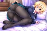  1girl ass bed blonde_hair blue_eyes blue_necktie blue_skirt blue_sweater blush commentary_request darjeeling_(girls_und_panzer) feet girls_und_panzer kamogawa_tanuki legs lying necktie on_bed on_side paid_reward_available panties panties_under_pantyhose pantyhose parted_lips school_uniform shirt skirt solo sweater underwear white_shirt 