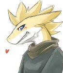  &lt;3 anthro blue_eyes blue_hair bust_portrait cheek_tuft clothed clothing dragon ears_back facial_tuft fur furred_dragon grin hair kuttoyaki looking_at_viewer male pivoted_ears portrait simple_background smile solo tuft white_background yellow_body yellow_fur 