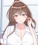  breasts brown_eyes brown_hair cleavage collared_shirt commission dress_shirt earrings jewelry kantai_collection large_breasts long_hair office_lady parted_lips sakurai_nana_(moshichi) shirt skeb_commission upper_body white_shirt window yamato_(kancolle) 