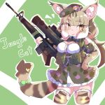  1girl animal_ears bare_shoulders camouflage cat_ears cat_girl cat_tail extra_ears green_background grey_hair gun hat highres jacket jungle_cat_(kemono_friends) kemono_friends kemono_friends_v_project kneehighs looking_at_viewer microphone obobu_(sapnoji) red_eyes ribbon shirt simple_background skirt socks solo tail twintails virtual_youtuber weapon 