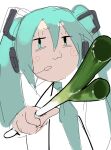  1girl :3 aqua_eyes aqua_hair aqua_necktie blush closed_mouth commentary_request food foreshortening hair_ornament half-closed_eyes hatsune_miku headphones highres holding holding_food holding_spring_onion holding_vegetable looking_at_viewer microphone necktie no_sclera raised_eyebrow simple_background sketch solo spring_onion spring_onion_focus sutyura twintails upper_body vegetable vocaloid white_background 