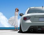  1girl akiran_(r32) arms_behind_back blue_sky brown_eyes brown_hair car cloud day dress full_body highres motor_vehicle ocean original outdoors short_hair sky solo standing toyota toyota_86 water white_dress 