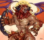  2023 abs alexxxnttt anthro barazoku biceps body_hair brown_body brown_fur clothed clothing digital_media_(artwork) eyebrows felid fur happy_trail hi_res horn iranian_mythology male mammal mane manticore membrane_(anatomy) membranous_wings middle_eastern_mythology muscular muscular_anthro muscular_male muscular_thighs mythology navel nipples open_mouth pecs quads red_mane sharp_teeth solo tail tan_body tan_fur teeth thick_thighs tongue vein veiny_muscles wings 
