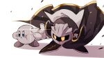  2boys blue_eyes cape commentary_request gloves kirby kirby_(series) male_focus mask meta_knight multiple_boys pointing simple_background user_gaje3724 white_background yellow_eyes 