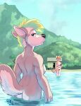  2018 adrian_gray ah_club anthro blonde_hair blue_eyes breasts brown_body brown_fur brown_tail butt canid canine canis covering covering_breasts day duo featureless_crotch female fingers fur green_hair grey_body grey_fur grey_tail hair hi_res hildegard_rothschild kangaroo looking_back macropod mammal marsupial mohawk multicolored_body multicolored_fur nude outside partially_submerged pouch_(anatomy) rick_griffin short_hair signature tail tan_body tan_fur tan_tail two_tone_body two_tone_fur two_tone_tail water white_body white_fur white_tail wolf 