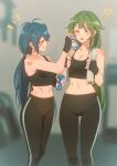  !? 2girls :d ;o ^^^ antenna_hair bare_shoulders black_gloves black_pants black_sports_bra blue_hair blurry blurry_background blush breasts brown_eyes can_to_cheek cleavage closed_eyes commission dark_blue_hair depth_of_field feet_out_of_frame fingerless_gloves girls&#039;_frontline gloves green_hair grin hair_ornament hairclip highres long_hair low_twintails m240l_(girls&#039;_frontline) medium_breasts mk48_(girls&#039;_frontline) multiple_girls navel one_eye_closed open_mouth pants parted_lips pixiv_commission smile sports_bra standing stomach towel towel_around_neck triangle_bullet twintails very_long_hair yoga_pants 