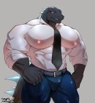  anthro barazoku belt bottomwear bulge clothed clothing fully_clothed godzilla godzilla_(series) huge_pecs kaiju male muscular muscular_anthro muscular_male naughtyxerigart nipple_outline pants reptile scalie shirt solo spiked_tail spikes spikes_(anatomy) tail tight_clothing tight_shirt tight_topwear toho topwear 