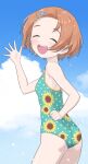  1girl ass blue_sky blush child clenched_hand closed_eyes cloud commentary cowboy_shot dot_nose facing_viewer flat_chest floral_print green_one-piece_swimsuit hair_ornament hairclip hand_up highres idolmaster idolmaster_cinderella_girls one-piece_swimsuit open_mouth orange_hair polka_dot polka_dot_swimsuit ryuzaki_kaoru short_hair sky smile solo sunflower_print swimsuit teeth thighs upper_teeth_only waving yama_tatsuo 