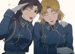  2girls akagi_ritsuko biiko_(king1015g) blonde_hair blue_jacket brown_eyes brown_hair crossed_arms earrings fullmetal_alchemist gloves highres jacket jewelry katsuragi_misato looking_at_viewer military_uniform multiple_girls neon_genesis_evangelion salute sketch smile uniform white_background white_gloves 