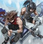  2boys brown_hair character_request closed_mouth fishnet_pantyhose fishnets indesign male_focus multiple_boys ninja pantyhose short_hair sitting strider_(video_game) strider_hiryuu 