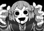  1girl 4shi blood blood_on_face blurry dango-chan_(4shi) depth_of_field double_bun greyscale hair_bun highres hollow_eyes hollow_mouth horror_(theme) meme monochrome open_mouth original portrait sailor_collar short_hair smile solo vibe_check_(meme) 