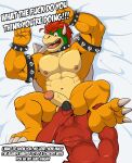  2023 abs absurd_res ambiguous_species ankle_grab anthro anthro_on_anthro armband balls bedding bedding_background biceps bowser bracelet claws collar dialogue duo english_text erection eyebrows forced genitals hair hi_res horn humanoid_genitalia humanoid_penis imminent_rape imminent_sex jewelry kneeling koopa leg_grab lying male male/male mario_bros mezzmar navel nintendo nipples non-mammal_balls non-mammal_nipples nude obliques on_back open_mouth pecs penis profanity rape rude_awakening scalie serratus shell spiked_armband spiked_bracelet spiked_collar spiked_shell spikes spikes_(anatomy) teeth text tongue 