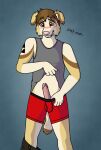  2015 anthro arm_tattoo bird_dog black_text blue_(bluekyokitty) blue_eyes bluekyokitty blush bodily_fluids bottomwear bottomwear_down boxers_(clothing) brown_body brown_fur brown_hair canid canine canis cel_shading chow_chow clothed clothing clothing_lift digital_drawing_(artwork) digital_media_(artwork) domestic_dog english_text erection eyebrows floppy_ears fur genital_fluids genitals golden_retriever grey_background grey_clothing grey_sclera grey_shirt grey_tank_top grey_topwear hair hi_res humanoid_genitalia humanoid_hands humanoid_penis hunting_dog male mammal mixed_breed pants pants_down partially_clothed penis pink_nose pink_penis portrait precum profanity red_blush red_boxers red_clothing red_underwear retriever sebdoggo shaded shirt shirt_lift simple_background solo spitz standing tail tan_body tan_fur tank_top tattoo text three-quarter_portrait topwear trans_(lore) trans_man_(lore) triforce_tattoo underwear 