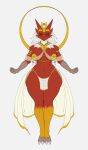  2021 4_fingers absurd_res anthro blaziken blue_eyes breasts female fingers generation_3_pokemon gold_(metal) gold_jewelry hi_res jewelry looking_at_viewer nintendo pokemon pokemon_(species) princeofchilledbros red_body red_skin simple_background solo white_background yellow_sclera 