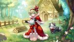  1girl absurdres blue_eyes capelet commentary_request dog dress forest gemtrader_story grass green_hair hairband highres holding holding_watering_can house kneeling looking_at_viewer nature red_capelet red_dress red_hairband sheya short_hair watering_can 