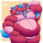  2023 3_heads anthro arm_tuft belly blue_body blue_fur brawl_stars canid cerberus cerberus_(brawl_star) chubby_anthro chubby_male collar digital_media_(artwork) european_mythology fur greek_mythology hi_res kofu_grizzly_chubby looking_at_viewer male mammal multi_head multicolored_body multicolored_fur mythology red_body red_fur simple_background smile solo tick_(brawl_stars) tongue tongue_out tuft two_tone_body two_tone_fur 