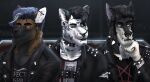  2021 acidwuff anthro black_clothing black_collar black_hair black_jacket black_topwear blue_eyes blue_hair brown_body brown_fur brown_nose canid cheek_tuft clothed clothing collar dated ear_piercing ear_ring eyebrow_piercing facial_piercing facial_tuft felid front_view fur gauged_ear green_eyes grey_body grey_eyes grey_fur group hair heterochromia hi_res horn industrial_piercing jacket larry_(acidwuff) lip_piercing lip_stud looking_at_viewer male mammal multiple_piercings nose_piercing nose_ring piercing ring_piercing septum_piercing septum_ring short_hair signature small_horn spike_piercing spiked_collar spikes topwear torn_jacket trio tuft whiskers white_body white_fur white_horn yellow_eyes 