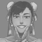  1girl bare_shoulders chun-li copyright_request double_bun double_v earrings efd eyeshadow grey_background grey_eyeshadow grin hair_bun happy highres jewelry looking_at_viewer makeup short_hair smile street_fighter tagme v 