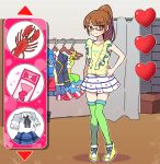  1girl blunt_bangs blush box brown_eyes brown_hair cardboard_box clothes_hanger commentary_request curtains dress fake_screenshot fitting_room full_body gameplay_mechanics glasses green_thighhighs hand_on_own_hip highres indoors lobster long_hair looking_at_viewer minami_mirei multicolored_clothes multicolored_dress nojima_minami paprika_private_academy_school_uniform parody_request ponytail pretty_(series) pripara school_uniform shirt shoes skirt sleeveless sleeveless_shirt smile sneakers solo sparkle standing thighhighs ticket white_skirt yellow_footwear yellow_shirt 