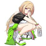  1girl aki_rosenthal beer_can blonde_hair can clothes_around_waist highres hololive jacket jacket_around_waist long_hair low_twintails purple_eyes replikia shoes shorts smile sneakers squatting twintails virtual_youtuber white_background white_shorts wristband 