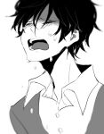  1boy blurry buttons cardigan closed_eyes collared_shirt crying facing_to_the_side hair_between_eyes kagerou_project kokonose_haruka lunar_base_(i-ekk) male_focus messy_hair monochrome no_mole open_collar open_mouth portrait sad shirt short_hair solo tears teeth tongue upper_body 