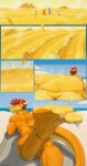  anthro beach bodily_fluids comic dirt dragon feet hair hi_res horn huge_size_difference lying macro male micro nude on_front orange_body red_hair sea seaside soles sweat thaz_(artist) thaz_(character) water 