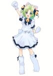  1girl absurdres animal_hat arm_up bell black_bow blush bow cat_hat clenched_hands dejiko di_gi_charat dress full_body green_hair hair_bow hat highres jingle_bell kurobeko_(kur0bek0) mittens open_mouth paw_shoes short_hair simple_background solo standing two_side_up white_footwear white_headwear white_mittens 