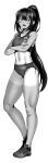  1girl absurdres blush breasts crossed_arms full_body greyscale highres long_hair looking_at_viewer monochrome navel open_mouth original ponytail shoes simple_background small_breasts sneakers socks solo sports_bra tan tanlines toin_(iitoin) white_background 