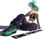  1girl bead_necklace beads bra copyright_name earrings green_eyes green_hair highres hoop_earrings jewelry looking_at_viewer medium_hair navel necklace one-punch_man pietrosatou punk see-through see-through_shirt shoes sneakers solo tatsumaki underwear 
