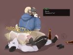  alcohol anthro beverage bottomwear bottomwear_down butt carl_hendricks clothing duo echo_(game) echo_(series) echo_project facesitting fart fart_fetish farting_on_face fur hi_res male male/male saintbullart sitting_on_another 