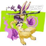  2022 anthro big_hat biped breasts claws clothing digital_media_(artwork) english_text female fur hat headgear headwear hi_res huge_hat lagomorph leporid magic magic_user mammal multicolored_body multicolored_fur navel nipples nsfuwu4 pentagram purple_body purple_inner_ear purple_nipples rabbit simple_background solo speech_bubble text toe_claws white_background white_body white_fur witch witch_hat yellow_body yellow_fur 