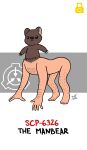  2022 3_claws 3_fingers 5_fingers 5_toes all_fours arm_hair artist_name beady_eyes bear black_text body_hair brown_bear brown_body brown_fur character_name chest_hair chimera claws collarbone colored dated digital_drawing_(artwork) digital_media_(artwork) english_text feet finger_claws fingers fur grizzly_bear hi_res human_taur leg_hair light_body light_skin lock_symbol logo male mammal mammal_taur nude nude_male nude_taur quadruped red_text scp-6326 scp_foundation signature simple_background solo standing taur text toes ursine white_background yellow_lock_symbol zal-cryptid 