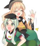  black_headwear blonde_hair blush bow breasts commentary_request detached_sleeves dress green_dress green_eyes green_hair hat highres long_hair long_sleeves matara_okina medium_breasts nose_blush open_mouth orange_sleeves orange_tabard ougi_hina pink_ribbon puffy_short_sleeves puffy_sleeves ribbon shirt short_hair_with_long_locks short_sleeves simple_background small_breasts spanking tabard tears teireida_mai touhou white_background white_shirt yellow_bow 
