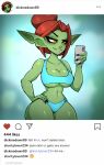  big_breasts bikini breasts cellphone cleavage clothed clothing english_text female goblin green_body green_skin hair hand_on_hip hi_res holding_cellphone holding_object holding_phone humanoid not_furry phone red_hair sharp_teeth solo swimwear teeth text thick_thighs twistingtoxic wide_hips 
