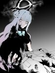  1girl absurdres aqua_bow aqua_bowtie black_hair blood blood_on_face blue_archive bow bowtie breasts constricted_pupils crazy_eyes dress greyscale hair_bun hair_ornament halo hand_on_another&#039;s_head hand_on_another&#039;s_stomach highres long_hair looking_at_another mika_(blue_archive) monochrome plentyofempty sensei_(blue_archive) single_side_bun wide-eyed yellow_eyes 