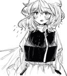  1girl apron greyscale highres koyane_(silver81106) lapel_pin letty_whiterock long_sleeves looking_at_viewer medium_hair monochrome open_mouth portrait shirt solo touhou upper_body vest waist_apron water_drop white_background 