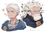  2boys armor beard black_cloak blue_cape cape cloak closed_eyes crescent facial_hair fate/grand_order fate_(series) flower happy_aura male_focus moon multiple_boys multiple_views old old_man ptolemy_(fate) serirari smile sun twitter_username white_background white_hair wrinkled_skin 