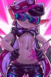  1girl ass_visible_through_thighs black_gloves breasts callie_(splatoon) cleavage commission crop_top earrings gloves hands_on_own_hips highres jewelry legwear_under_shorts mole mole_under_eye navel official_alternate_costume purple_hair short_shorts shorts solo splatoon_(series) splatoon_2 stomach stomach_tattoo sunglasses tattoo tentacle_hair thigh_gap thong twosipsofbleach underboob 